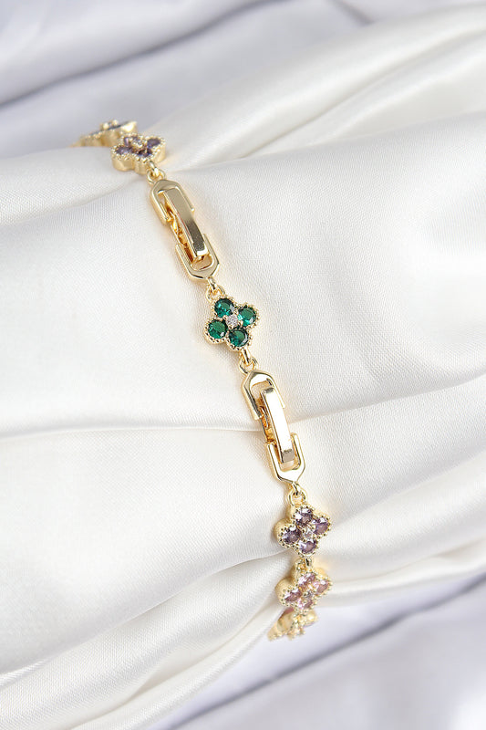 BB7781 - VIP Pirinç Renkli Zirkon Taşlı Yonca Model Gold Renk Kadın Bileklik