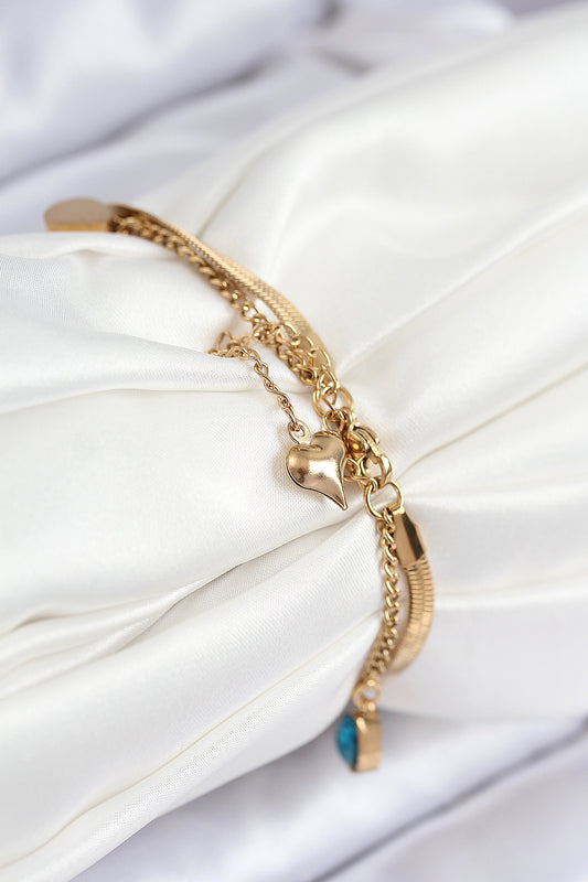 BB7828 - 316L Çelik Nazar Boncuk Detaylı Mavi Zirkon Taşlı Model İtalyan Zincir Gold Renk Kadın Bileklik