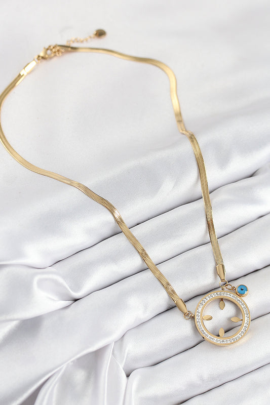 BKO10506 - 316L Çelik Zirkon Taşlı Çeyrek Takılabilir Gold Renk Kadın Kolye