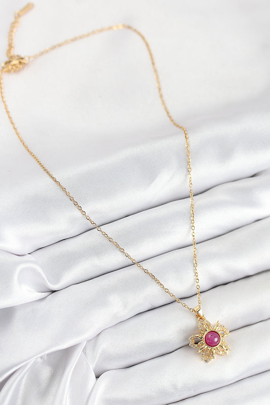 BKO10510 - 316L Çelik Zirkon Taşlı Döner Güneş Model Gold Renk Kadın Kolye