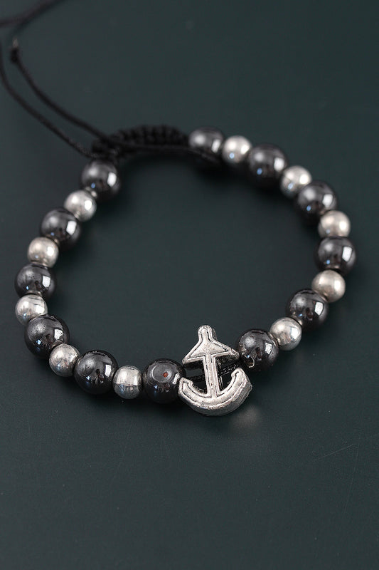 EB3762 - Doğal Taş Çapa Model Gümüş Ve Füme Renk Asansörlü Erkek Bileklik