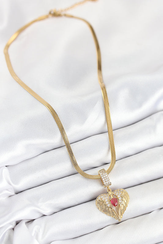 BKO10533 - 316L Çelik Zirkon Taşlı Kanatlı Kalp Model Gold Renk Kadın Kolye