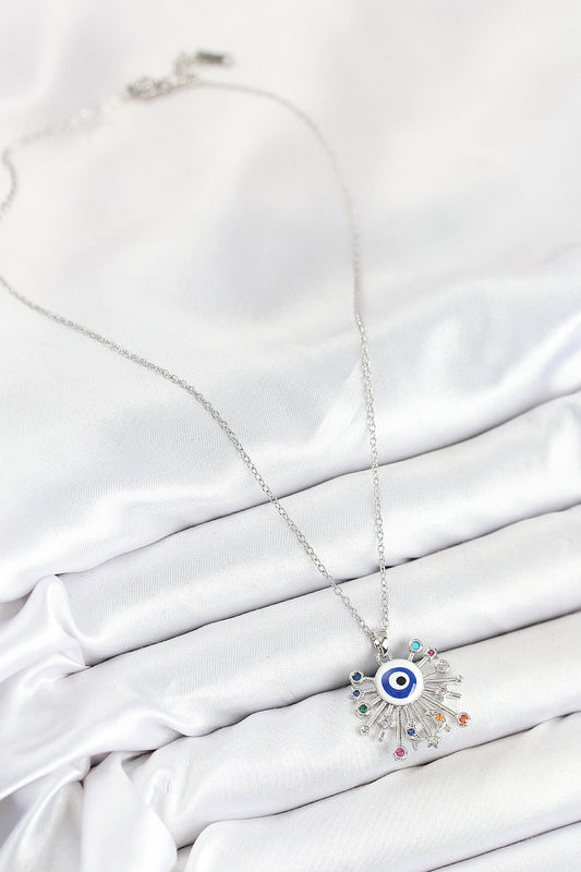 BKO10543 - 316L Çelik Zirkon Taşlı Nazar Model Gümüş Renk Kadın Kolye