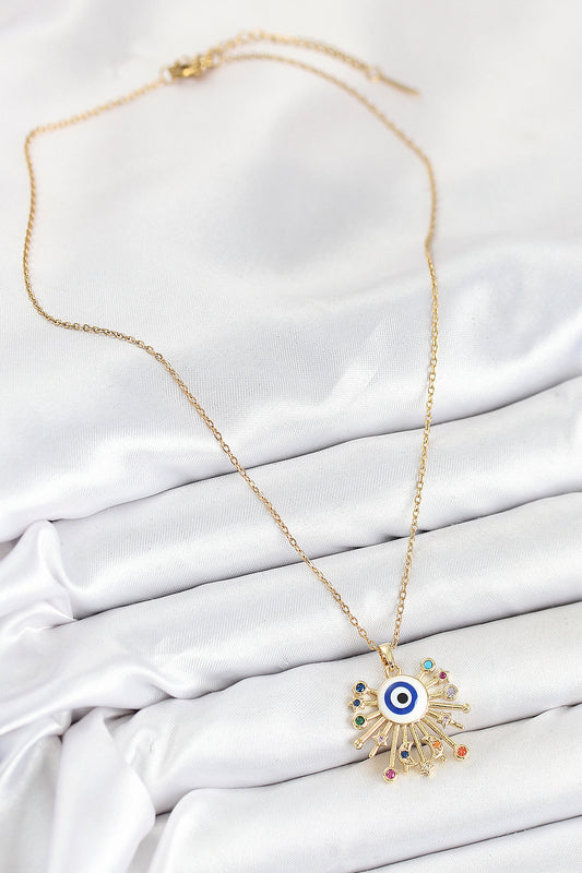 BKO10544 - 316L Çelik Zirkon Taşlı Nazar Model Gold Renk Kadın Kolye