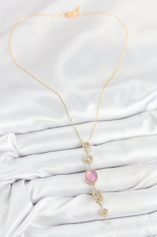 BKO10554 - Pirinç Zincir Pembe Gold Renk Zirkon Taşlı Y Kolye