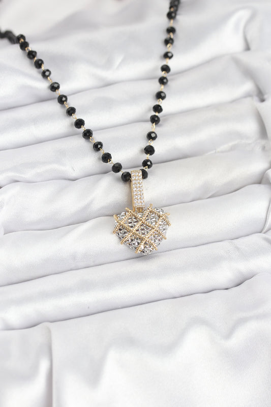 BKO10562 - 316L Çelik Zincir Kristal Boncuklu Kalpli Kadın Kolye