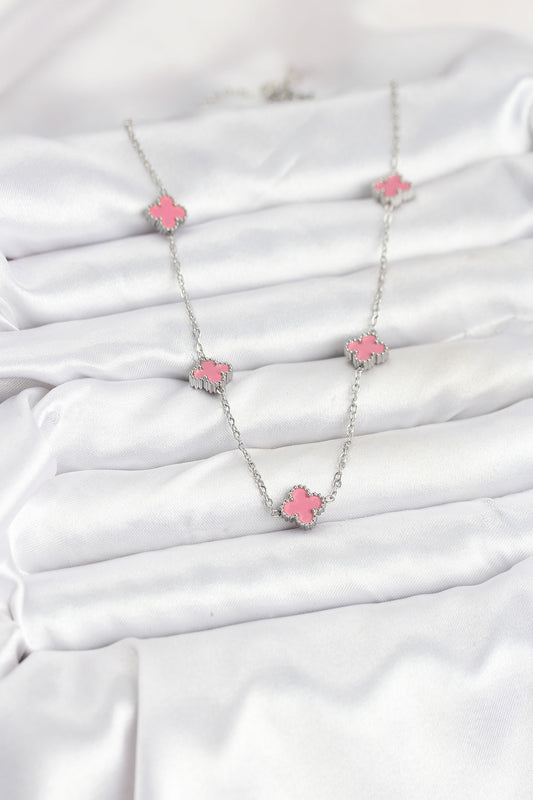 BKO10575 - 316L Çelik Zincir Gümüş Renk Pembe Baby Boy Yonca Kadın Kolye