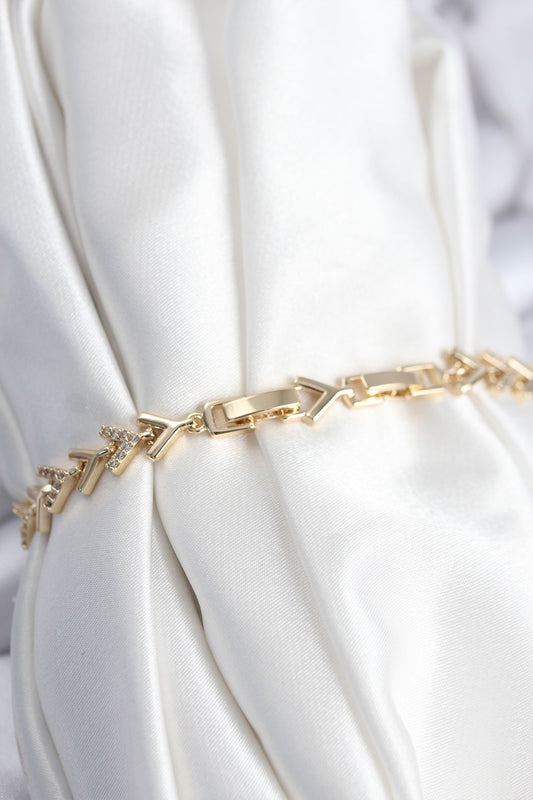 BB7921 - Pirinç VIP Seri Gold Zirkon Taşlı Balık Sırtı Model Kadın Bileklik