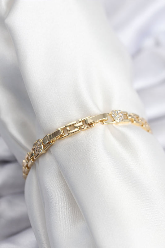 BB7929 - Pirinç VIP Seri Gold Renk Zincir Model Kalpli Zirkon Taşlı Kadın Bileklik