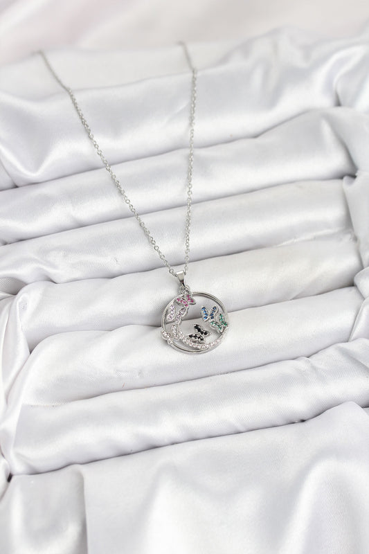 BKO10608 - 316L Çelik Zincir Gümüş Renk Zirkon Taşlı Kelebekli Kadın Kolye