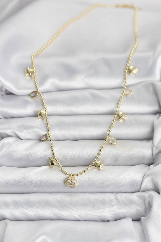 BKO10646 - Pirinç Gold Renk Zirkon Taşlı Deniz Kabuğu Model Kadın Kolye