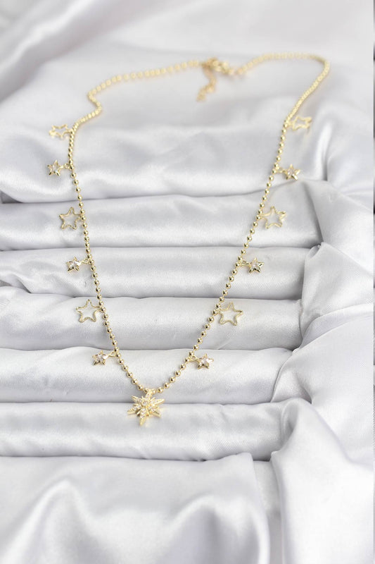 BKO10649 - Pirinç Gold Renk Zirkon Taşlı Kutup Yıldızı Model Kadın Kolye