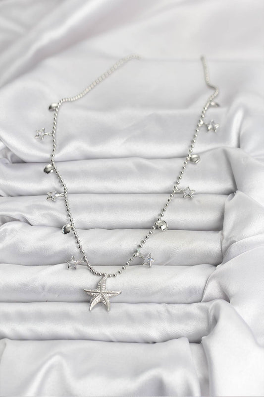 BKO10654 - Pirinç Gümüş Renk Zirkon Taşlı Deniz Yıldızı Model Kadın Kolye