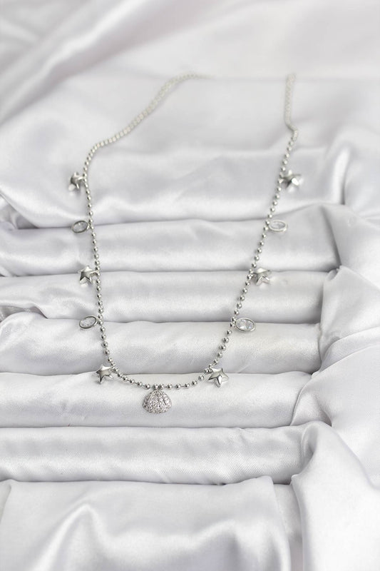 BKO10656 - Pirinç Gümüş Renk Zirkon Taşlı Deniz Kabuğu Model Kadın Kolye