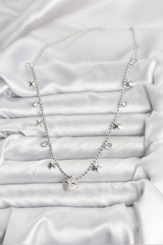 BKO10657 - Pirinç Gümüş Renk Zirkon Taşlı Kutup Yıldızı Model Kadın Kolye