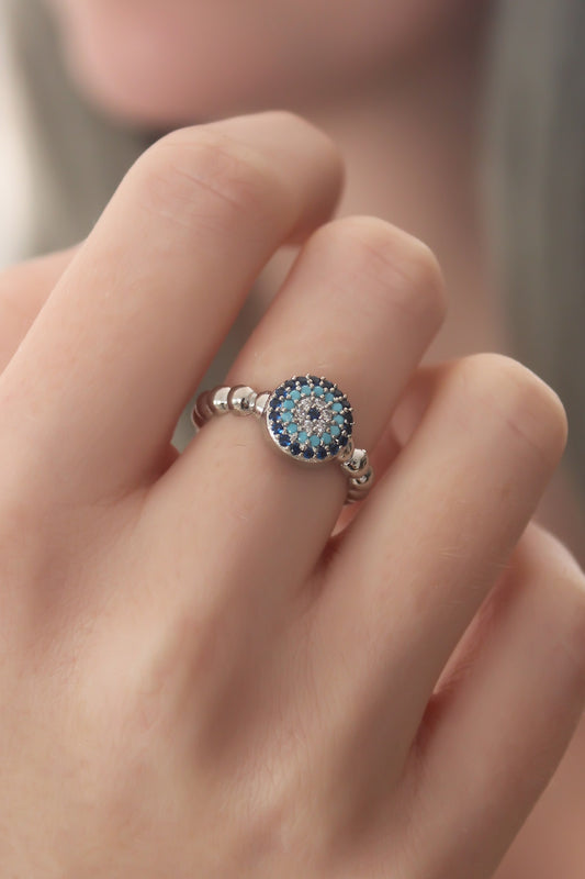 BYK2414 - Gümüş Renk Nazar Boncuk Figür Zirkon Taş Detay Kadın Yüzük