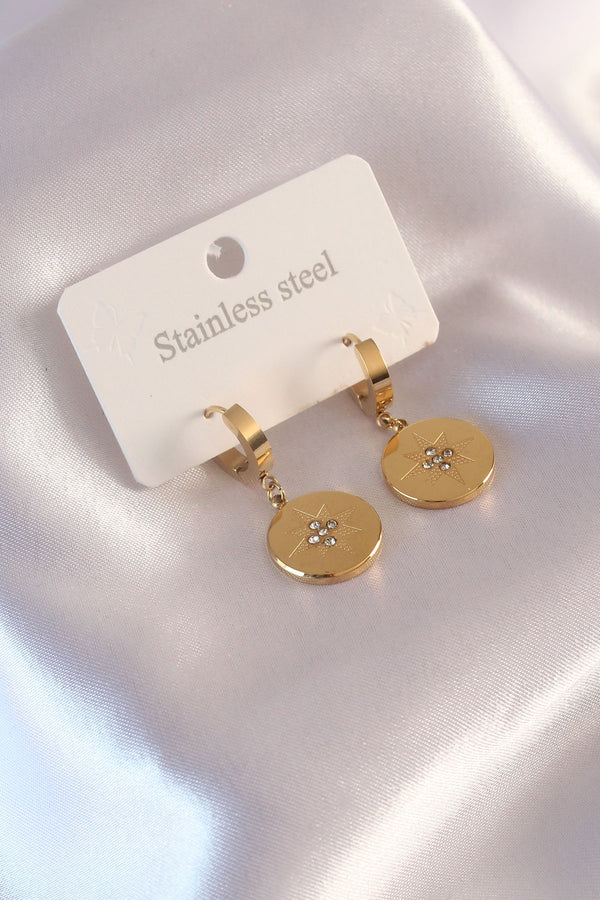 BKP6961 - Çelik Gold Renk Kutup Yıldızı İşleme Zirkon Taşlı Kadın Küpe