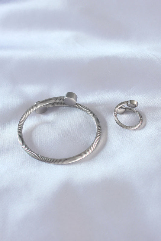 EB3591 - Çelik Gümüş Renk Sıkı Burgu Model Erkek Bileklik Yüzük Seti