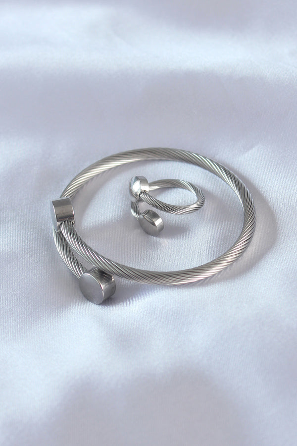 EB3591 - Çelik Gümüş Renk Sıkı Burgu Model Erkek Bileklik Yüzük Seti