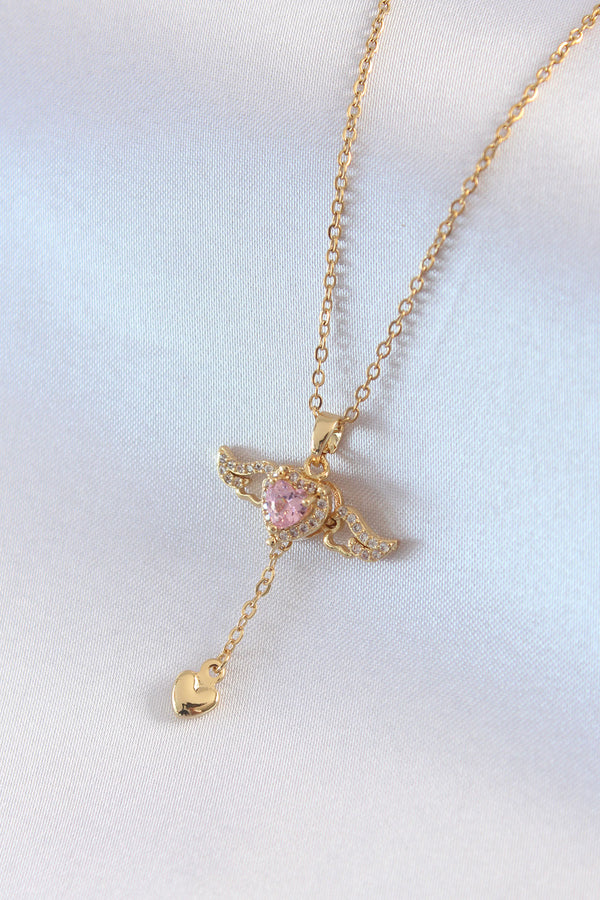 BKO7411 - 316L Çelik Gold Renk Kanatlı Kalp Model Zirkon Taş Detay Kadın Kolye