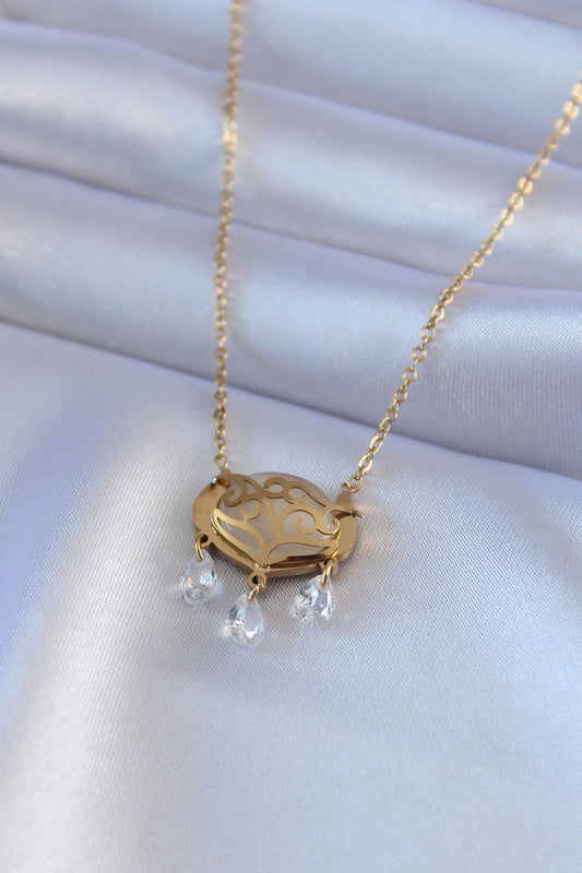 316L Çelik Gold Renk Lotus Model Zirkon Taşlı Kadın Kolye - BKO7578