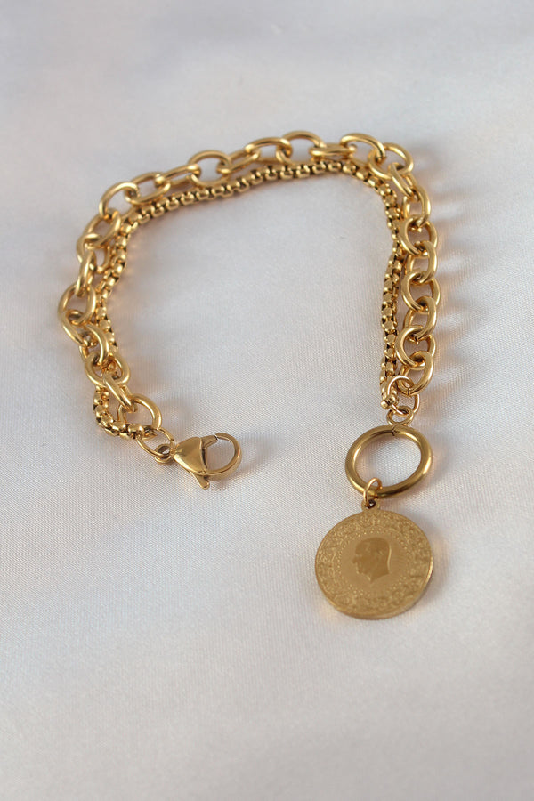 BB5452 - 316L Çelik Gold Renk 2'li Zincir Model Çeyrek Altınlı Kadın Bileklik