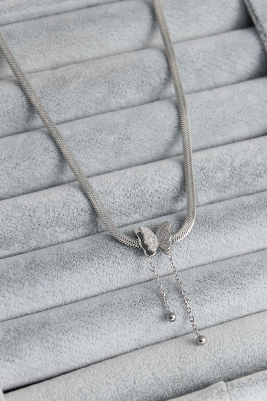 BKO7676 - 316L Çelik Gümüş Renk İtalyan Zincir Model Simli Kelebek Figür Kadın Kolye