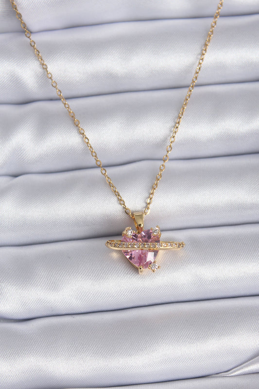 BKO7747 - 316L Çelik Gold Renk Zincir Pembe Kristal Kalp Model Zirkon Taş Detay Kadın Kolye