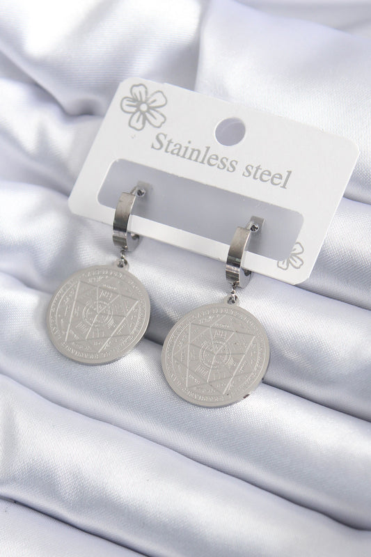 BKP7924 - 316L Çelik Gümüş Renk Pentagram İşleme Model Kadın Küpe