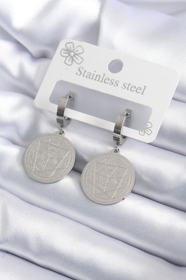 BKP7924 - 316L Çelik Gümüş Renk Pentagram İşleme Model Kadın Küpe