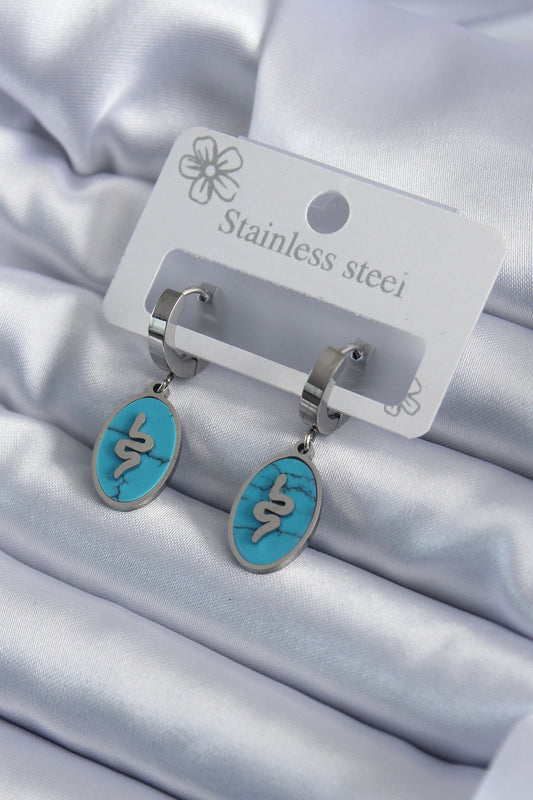 BKP7940 - 316L Çelik Gümüş Renk Oval Mavi Taşlı Yılan Figür Kadın Küpe