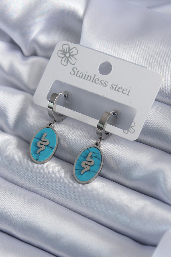 BKP7940 - 316L Çelik Gümüş Renk Oval Mavi Taşlı Yılan Figür Kadın Küpe