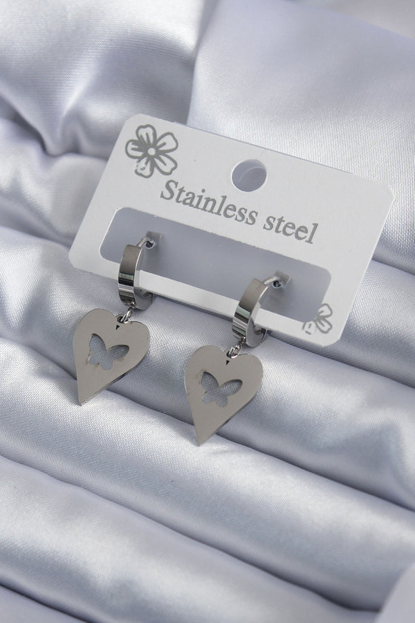 BKP7950 - 316L Çelik Gümüş Renk Kalp Model Kelebek İşleme Kadın Küpe