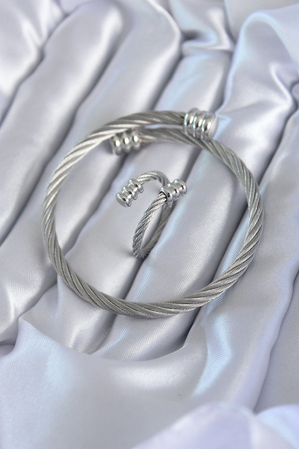 EB3596 - 316L Çelik Gümüş Renk Sarmal Model Erkek Bileklik Yüzük Kombini