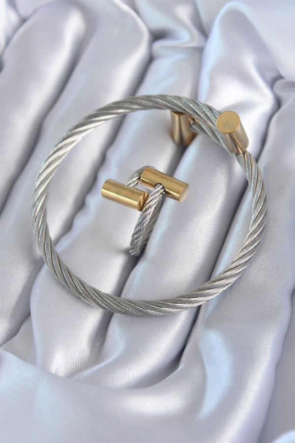 EB3603 - 316L Çelik Gümüş Renk Gold Detay Sarmal Model Erkek Bileklik Yüzük Kombini