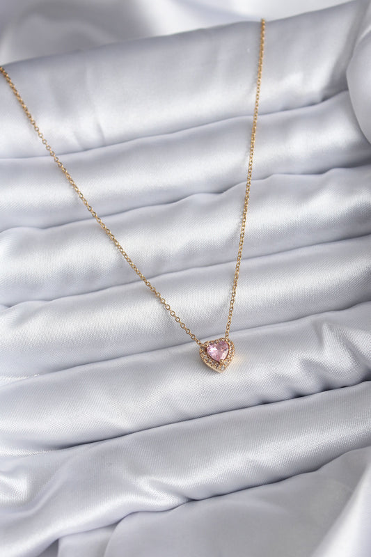 BKO7818 - 316L Çelik Zincir Gold Renk Pembe Zirkon Taşlı Charm Kadın Kolye