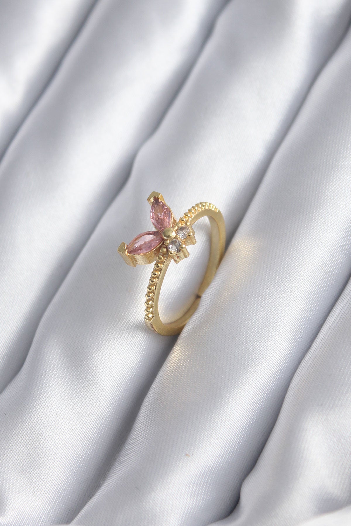 Gold Renk Pembe Zirkon Taşlı Kelebek Model Kadın Yüzük - BYK2842