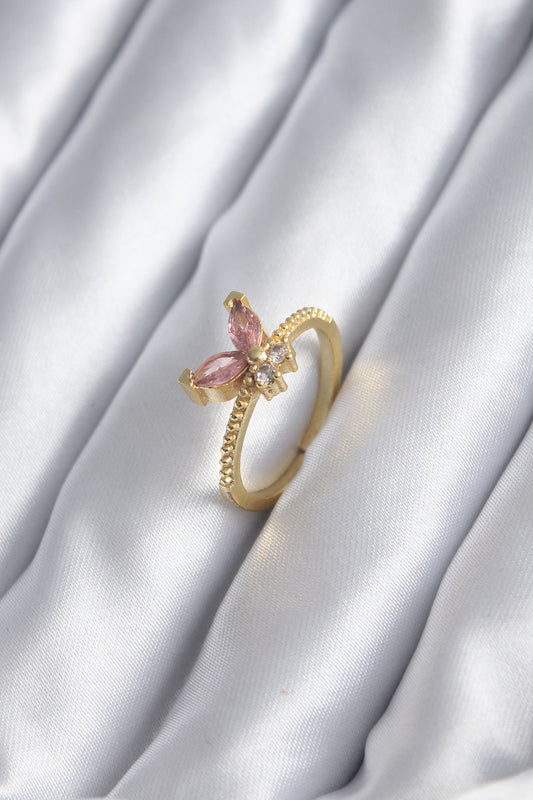 Gold Renk Pembe Zirkon Taşlı Kelebek Model Kadın Yüzük - BYK2842