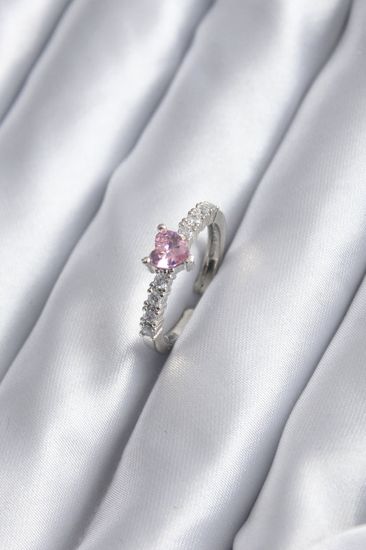 Gümüş Renk Zirkon Taşlı Pembe Kristal Kalp Model Kadın Yüzük - BYK2851