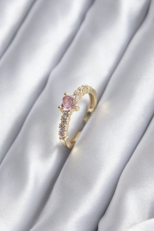 Gold Renk Zirkon Taşlı Pembe Kristal Kalp Model Kadın Yüzük - BYK2852