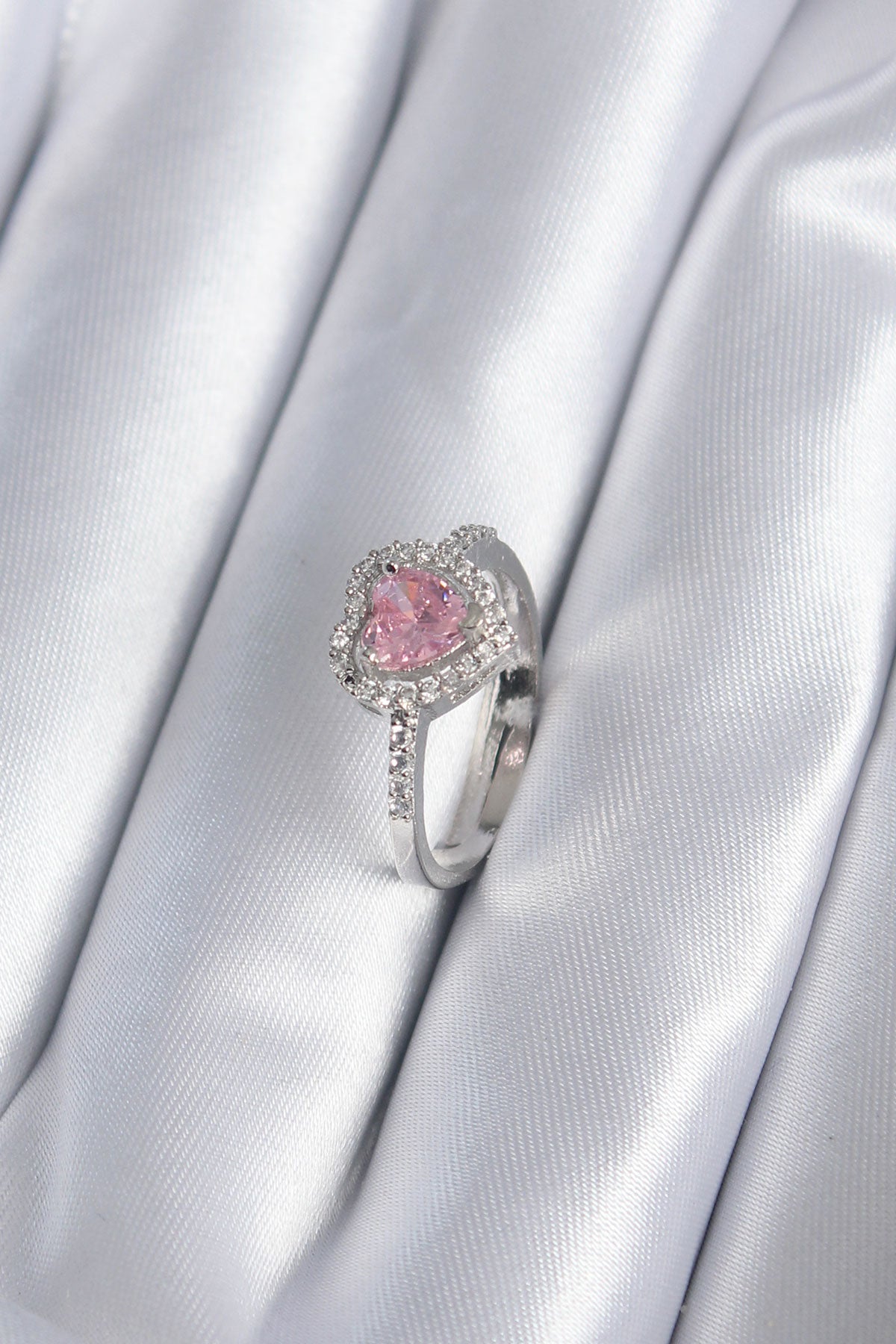 Pirinç Gümüş Renk Pembe Zirkon Taş Kalp Charm Model Kadın Yüzük - BYK2859
