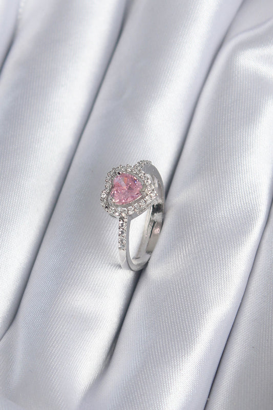Pirinç Gümüş Renk Pembe Zirkon Taş Kalp Charm Model Kadın Yüzük - BYK2859