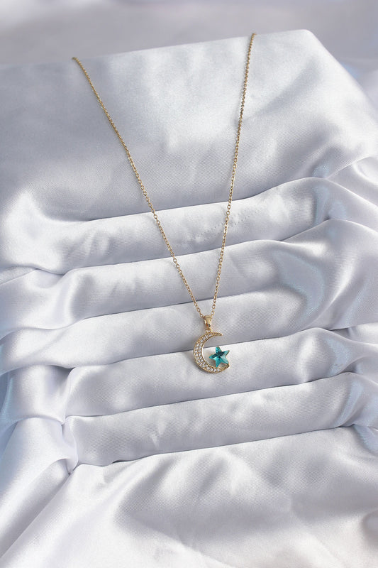 BKO8029 - 316L Çelik Gold Renk Zincir Zirkon Taş Detay Hilal Yıldızı Figür Kadın Kolye