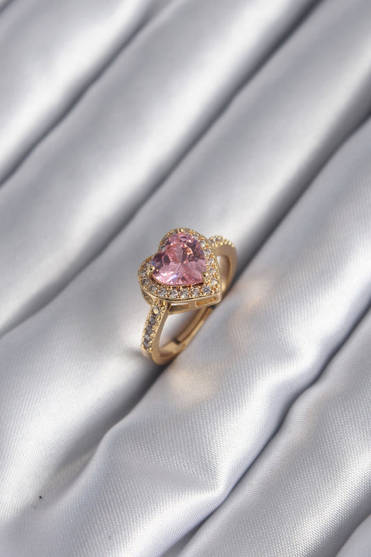 Pirinç Gold Renk Pembe Zirkon Taşlı Charm Kalp Model Kadın Yüzük - BYK2951