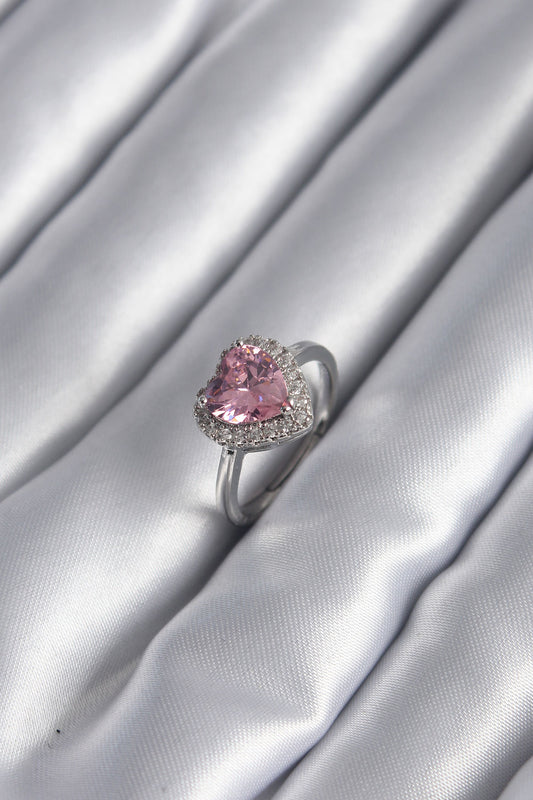 Pirinç Gümüş Renk Pembe Zirkon Taş Kalp Charm Model Kadın Yüzük - BYK2954