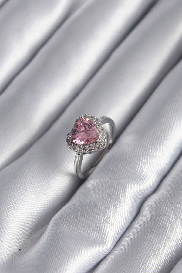 BYK2954 - Pirinç Gümüş Renk Pembe Zirkon Taş Kalp Charm Model Kadın Yüzük