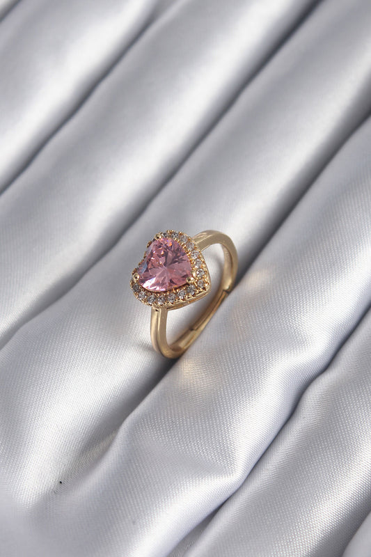 Pirinç Gold Renk Pembe Zirkon Taş Kalp Charm Model Kadın Yüzük - BYK2955