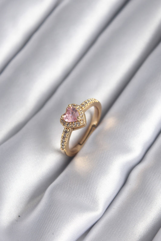 Pirinç Gold Renk Pembe Zirkon Taş Kalp Charm Model Kadın Yüzük - BYK2957