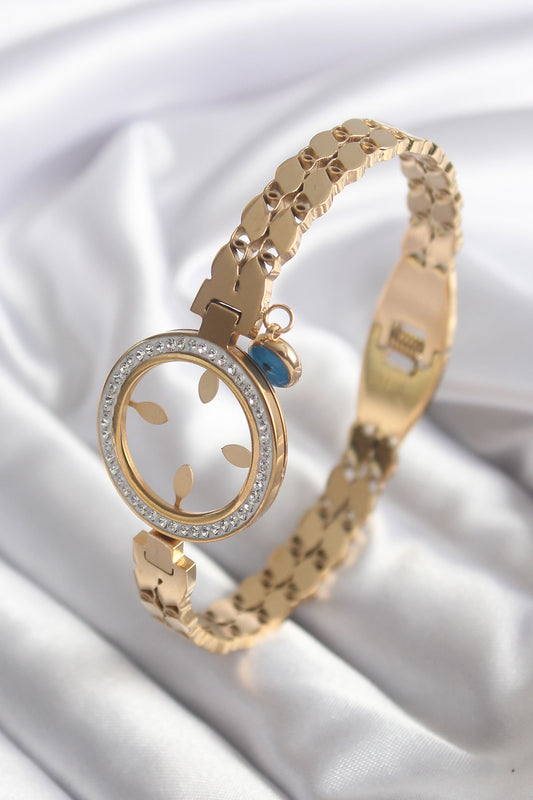 BB5765 - 316L Çelik Gold Renk Arpa Model Zirkon Taş Detay Çeyrek Altın Takılabilir Kadın Kelepçe