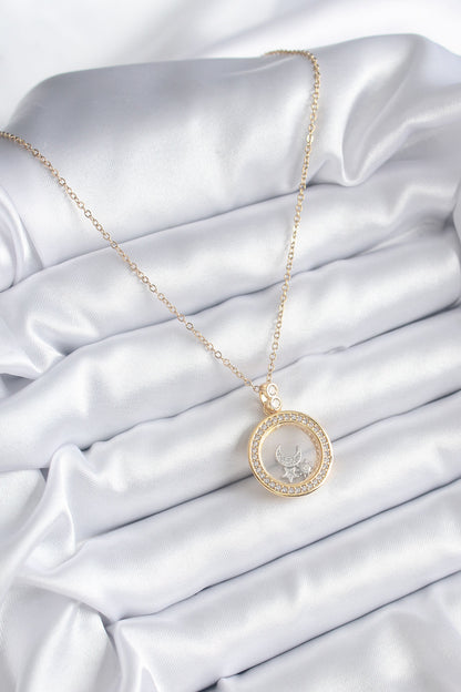 316L Çelik Gold Renk Zirkon Taş Detay Ay Yıldız Fanus Model Kadın Kolye - BKO8194
